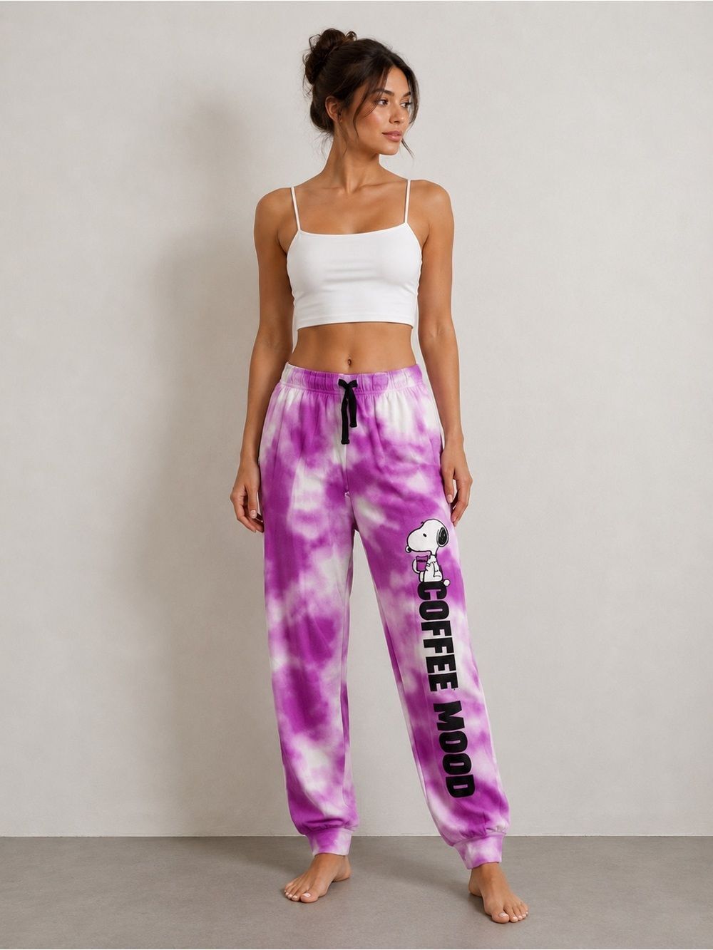 Peanuts Tie Dye Coffee Mood Pajama Jogger Pants Size M Purple White